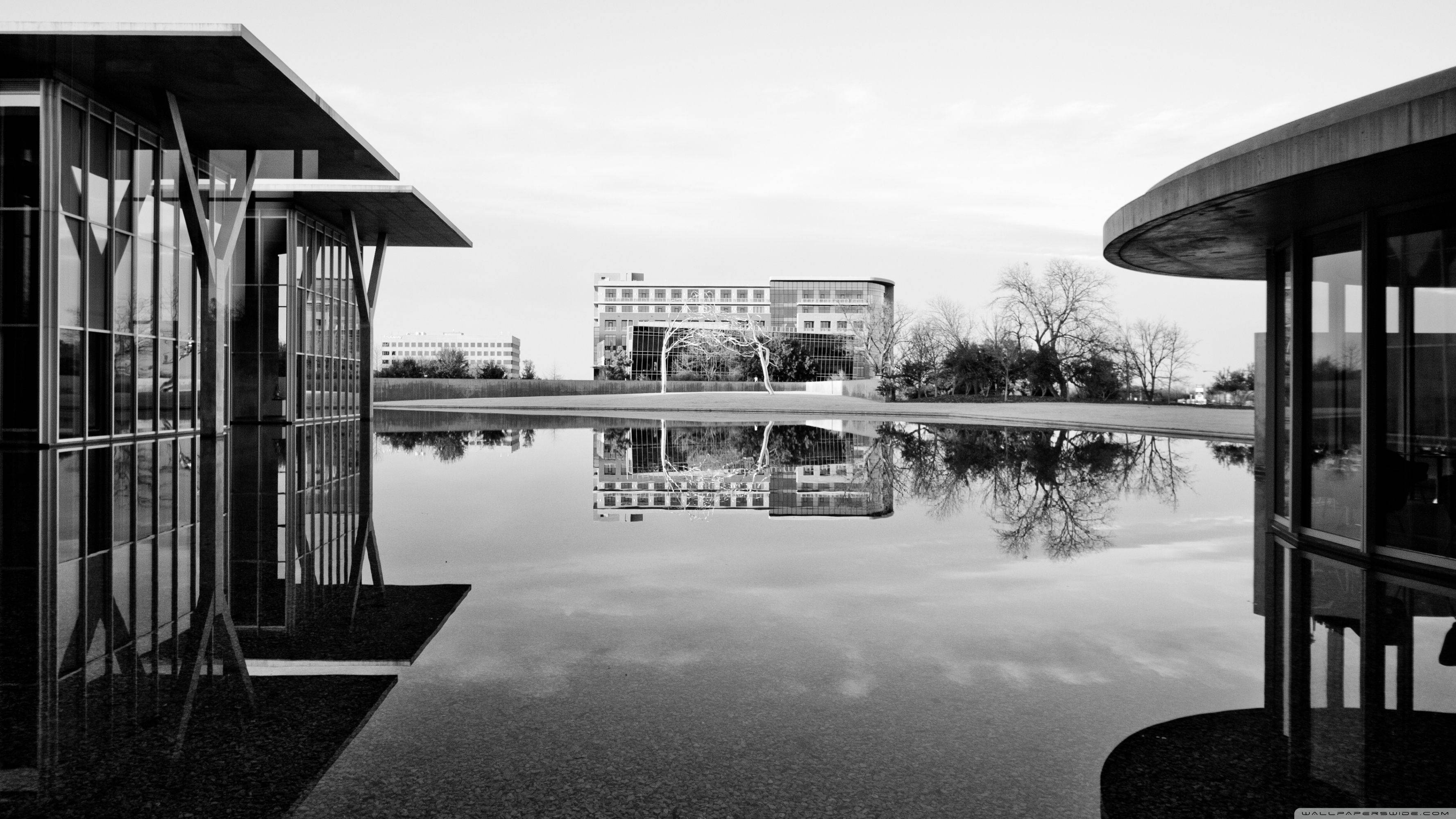 Museum 桌布 壁紙 — 黑白建築照片，展示現代建築物倒映在平靜的水景中，背景有光禿的樹木。