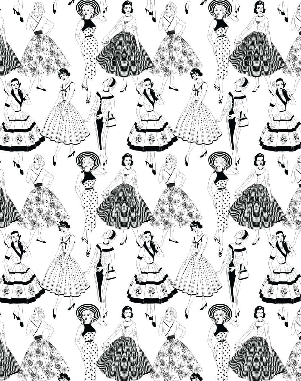 Vintage Black And White 桌布 壁紙 — 黑白復古插圖，重複的1950年代女性穿著圓點和條紋連衣裙，時尚地擺姿勢。