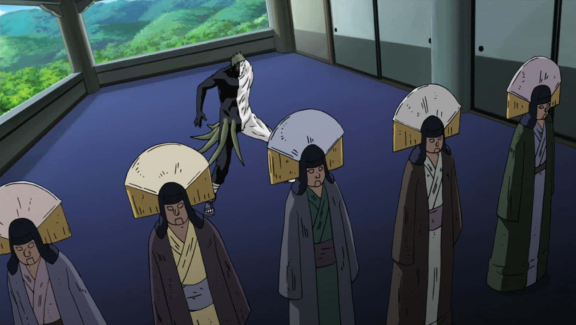 Black Zetsu 桌布 壁紙 — 黑白忍者跳過傳統日式房間，戴面具的人物在下方靜止不動。