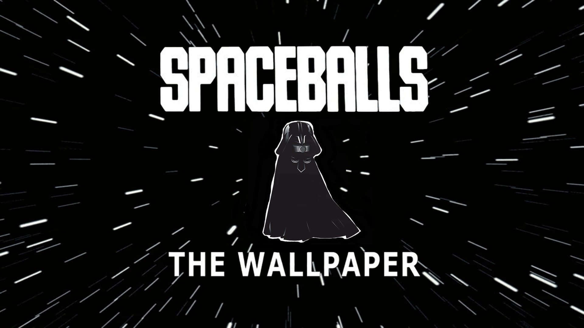 spaceballs 桌布 壁紙 — 黑白惡搞桌布，卡通達斯維達在星空背景下，粗體文字寫著「SPACEBALLS THE WALLPAPER」。
