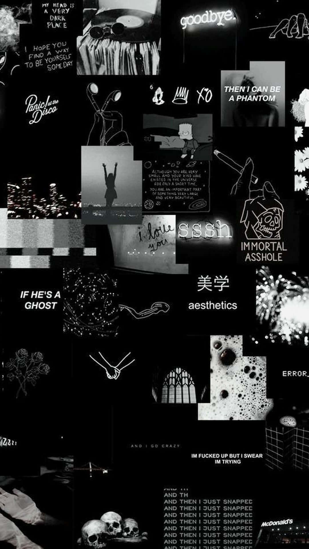 Aesthetic Black 桌布 壁紙 — 黑白拼貼，包含emo美學文字語錄、藝術和流行文化參考，風格粗獷都市。
