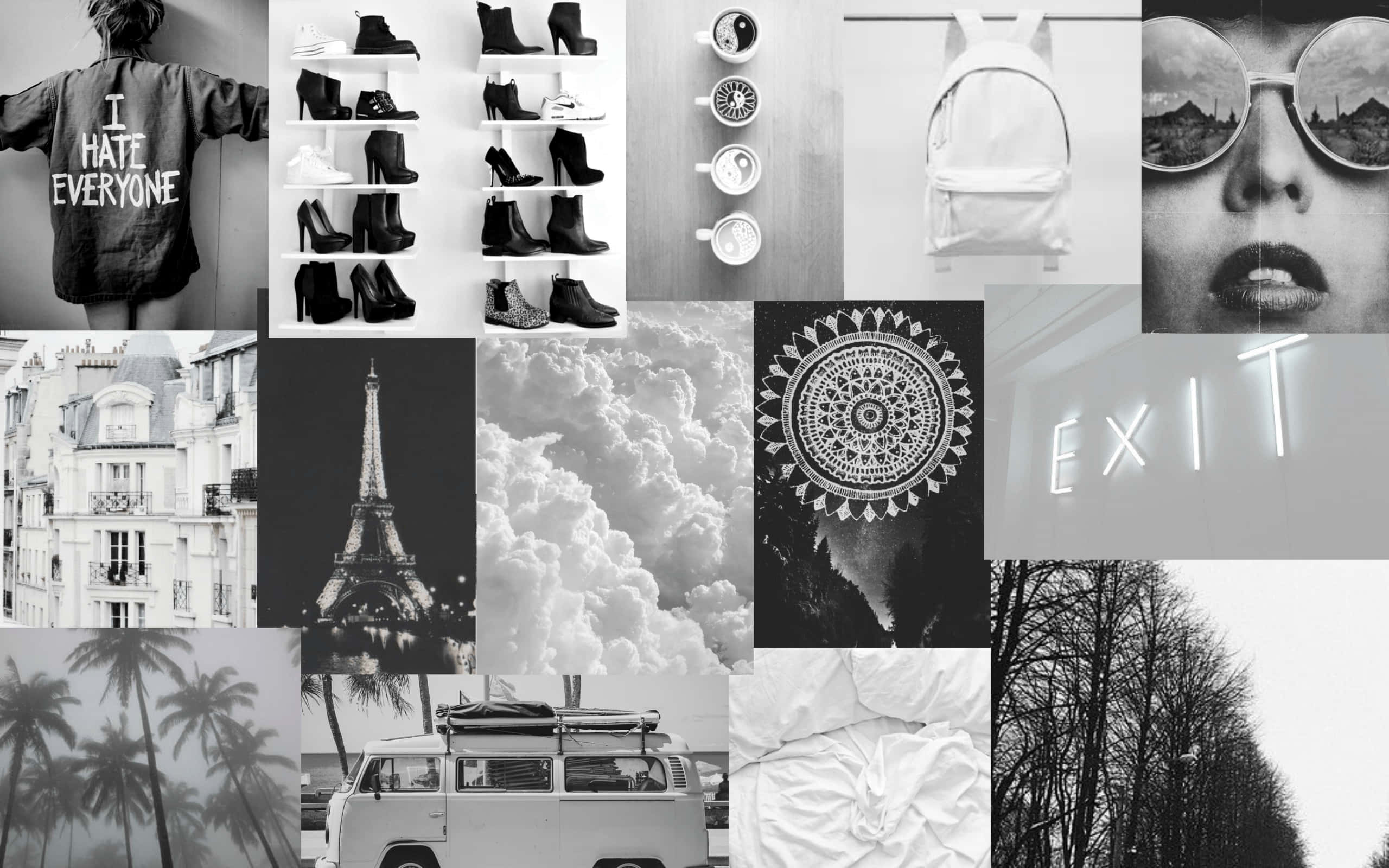 Macbook Collage 桌布 壁紙 — 黑白拼貼，包含多樣的城市和旅行圖像，包括艾菲爾鐵塔、貨車、太陽眼鏡、鞋子和雲朵。