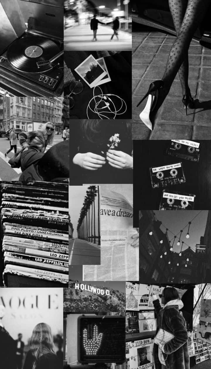 Black And White Collage 桌布 壁紙 — 黑白拼貼，包含復古音樂卡帶、黑膠唱片、時尚和城市街景，喚起懷舊感。