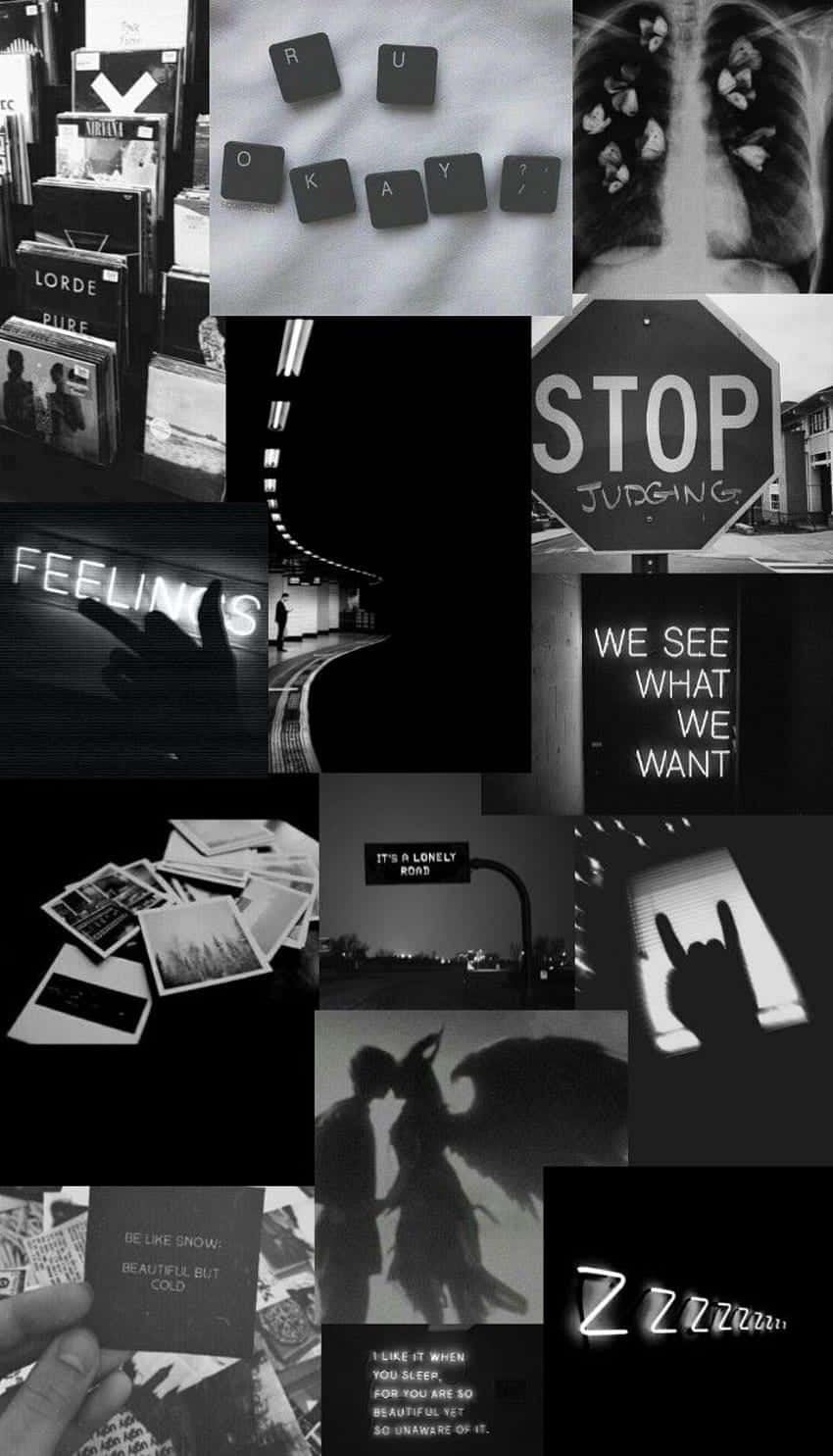 Black And White Collage 桌布 壁紙 — 黑白拼貼，包含情感強烈的圖像，包括文字藝術、停車標誌、肺部X光片和陰影輪廓，傳達內省和脆弱感。