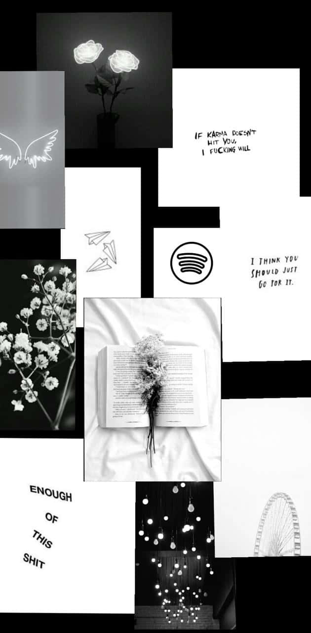 Black And White Collage 桌布 壁紙 — 黑白拼貼，包含玫瑰、翅膀、文字引言和帶有花朵的書籍等極簡美學元素。