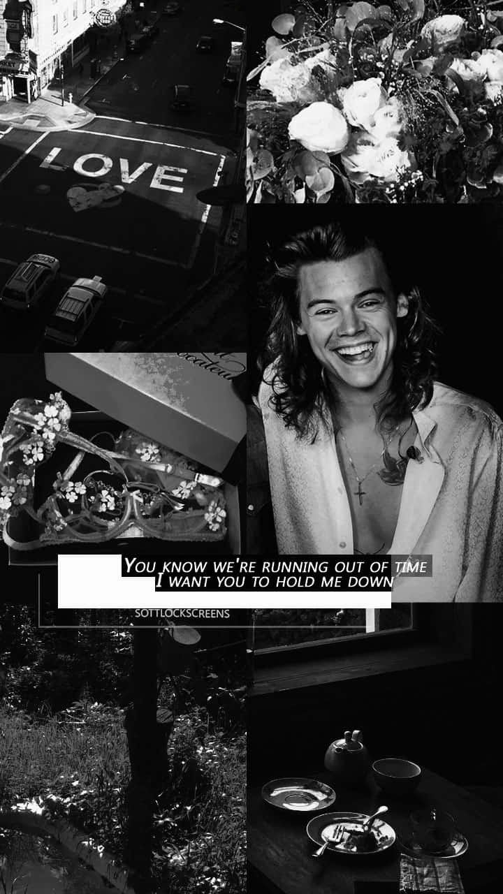 Harry Styles Collage 桌布 壁紙 — 黑白拼貼，包含街頭藝術、花卉、肖像、珠寶和茶具，帶有浪漫文字疊加。