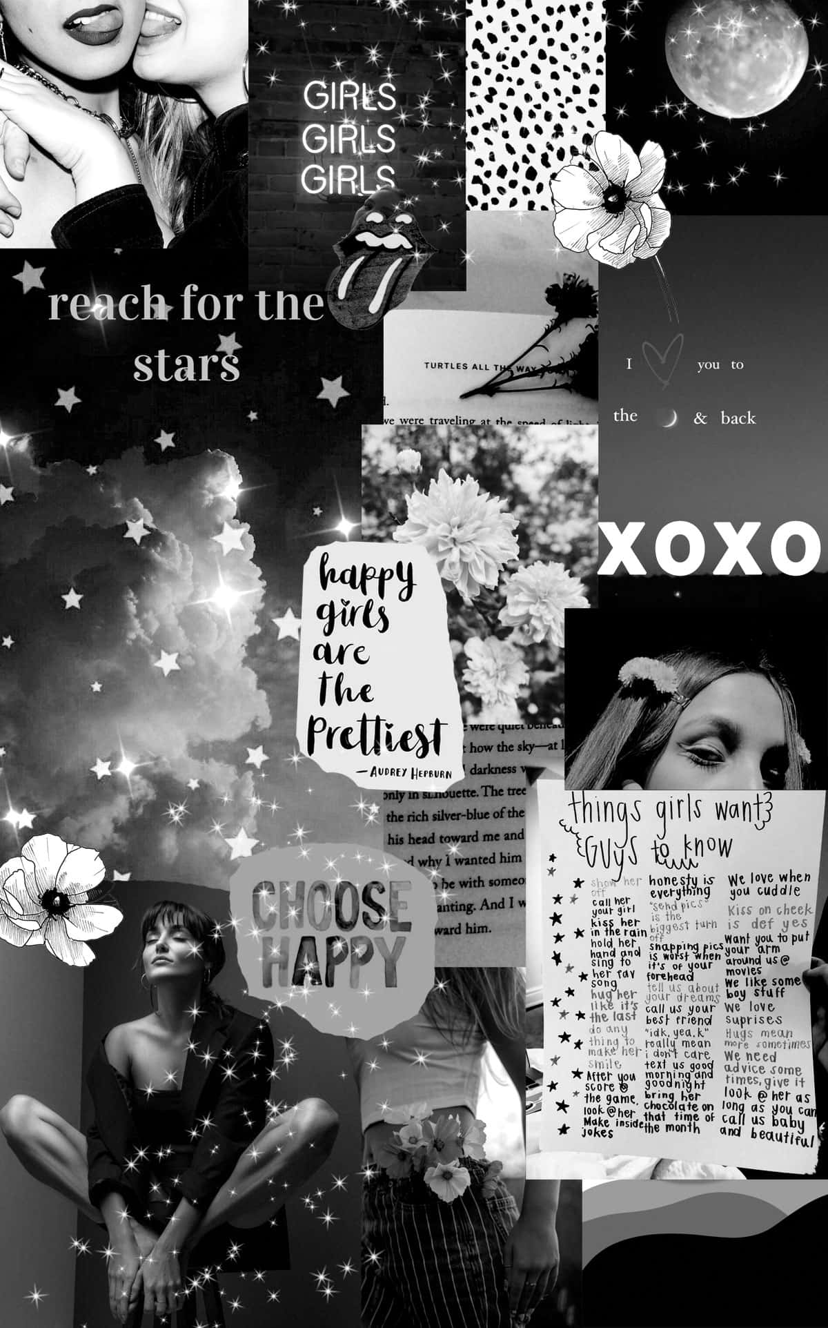 Black And White Collage 桌布 壁紙 — 黑白拼貼，包含賦予女性力量的語錄、花卉插圖和星光閃爍的夜空，帶有閃亮效果。