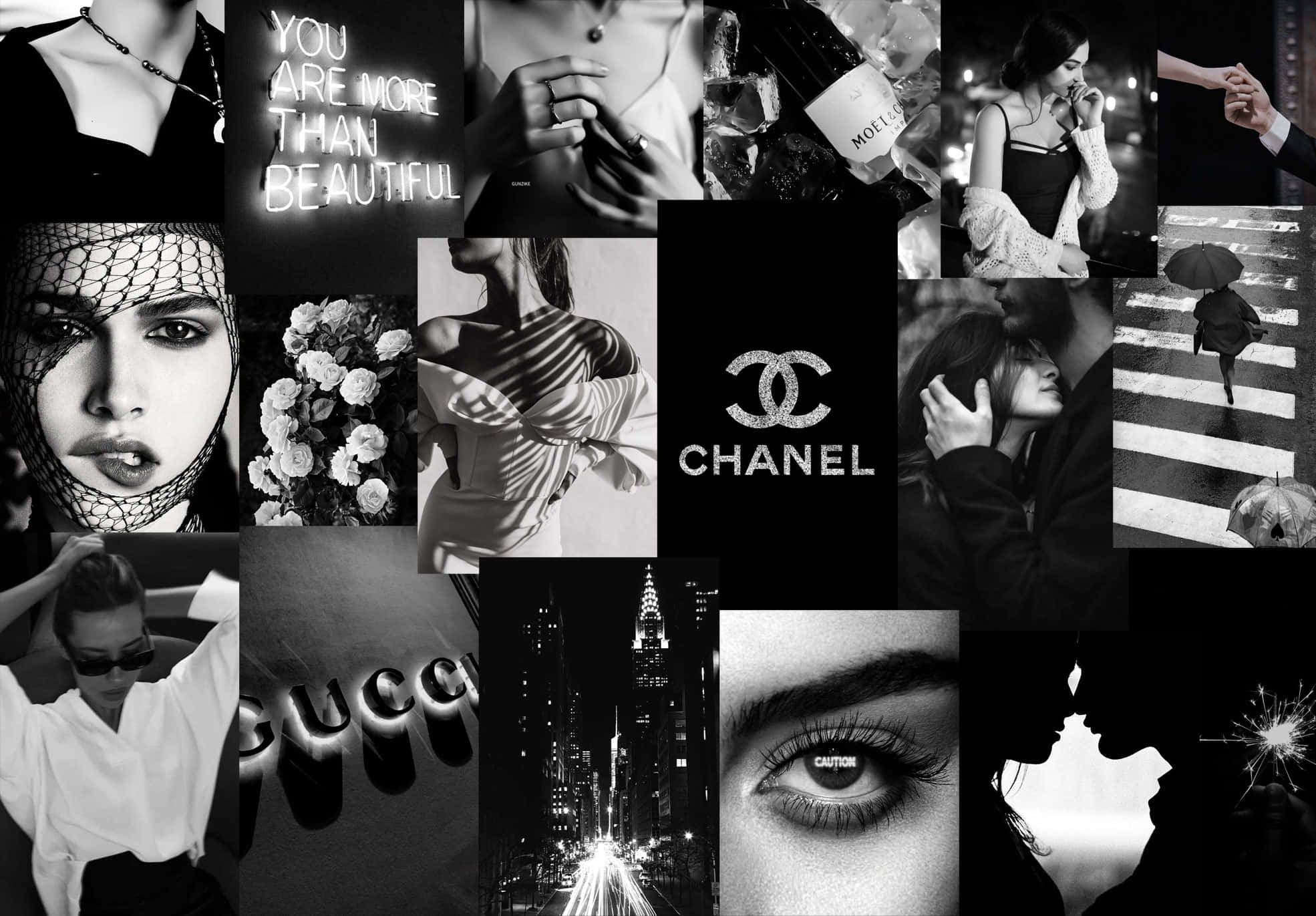 Black And White Collage 桌布 壁紙 — 黑白拼貼，展現奢華時尚時刻、品牌標誌和親密都市場景。