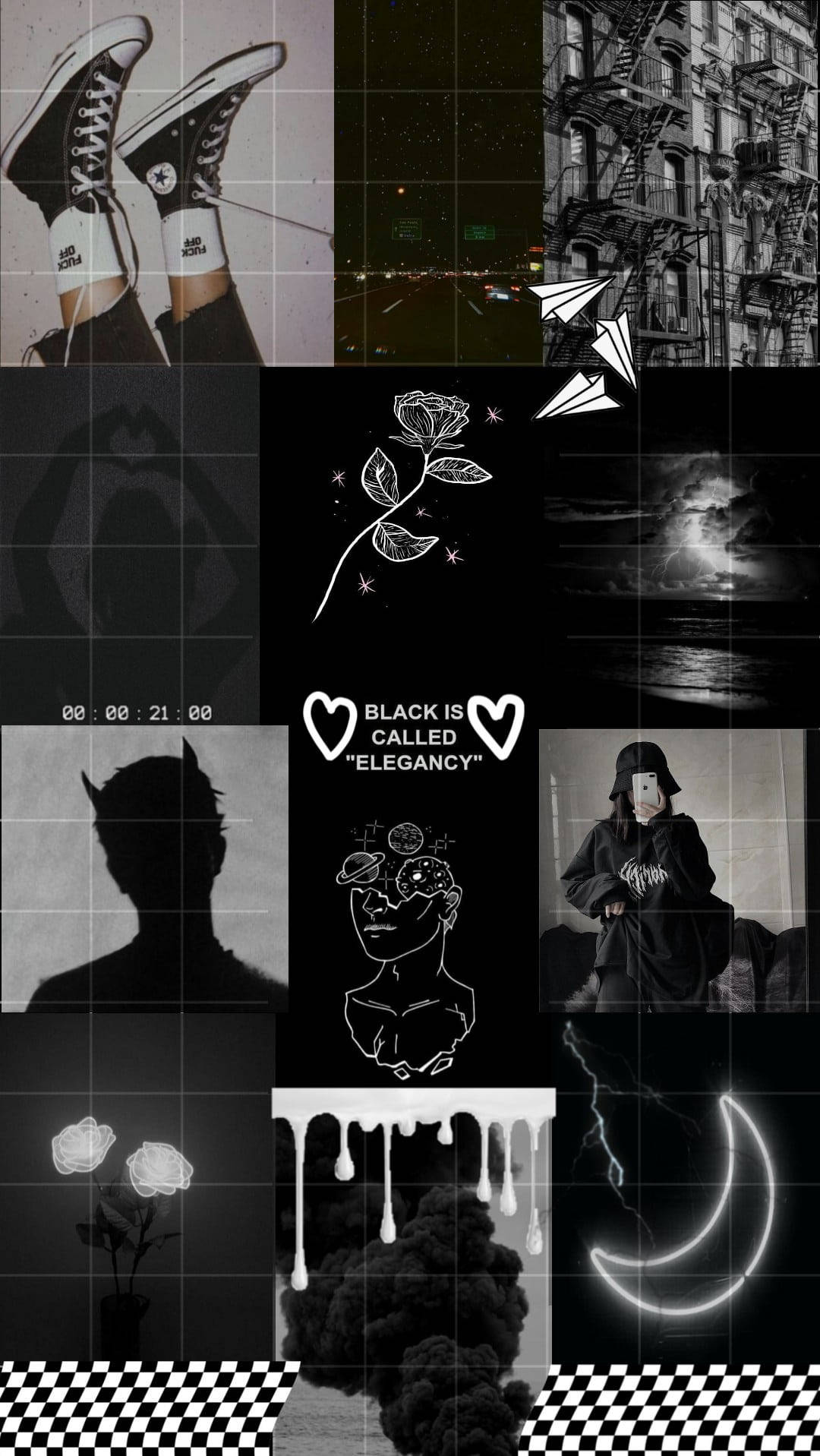 black aesthetic collage 桌布 壁紙 — 黑白拼貼城市街景、剪影、玫瑰和霓虹月亮，帶有網格疊加和文字元素。