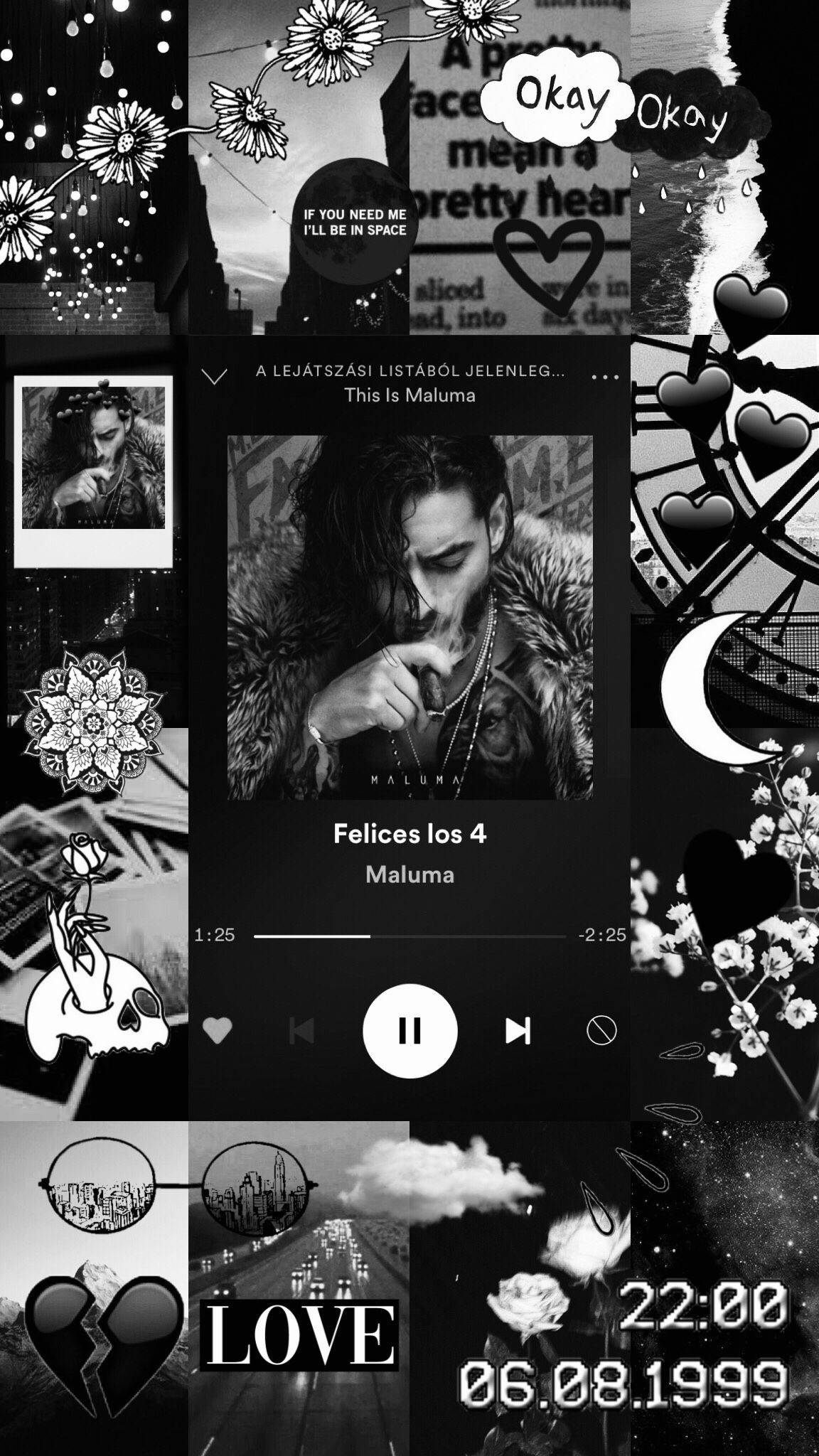 Maluma 桌布 壁紙 — 黑白拼貼桌布， featuring Maluma 的音樂播放器、心形、花朵和浪漫文字元素。