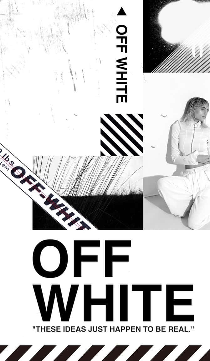 Off White iPhone 桌布 壁紙 — 黑白拼貼畫， featuring 一位身穿白衣的女性、粗體字體和幾何圖案，並帶有 'OFF WHITE' 品牌標誌。