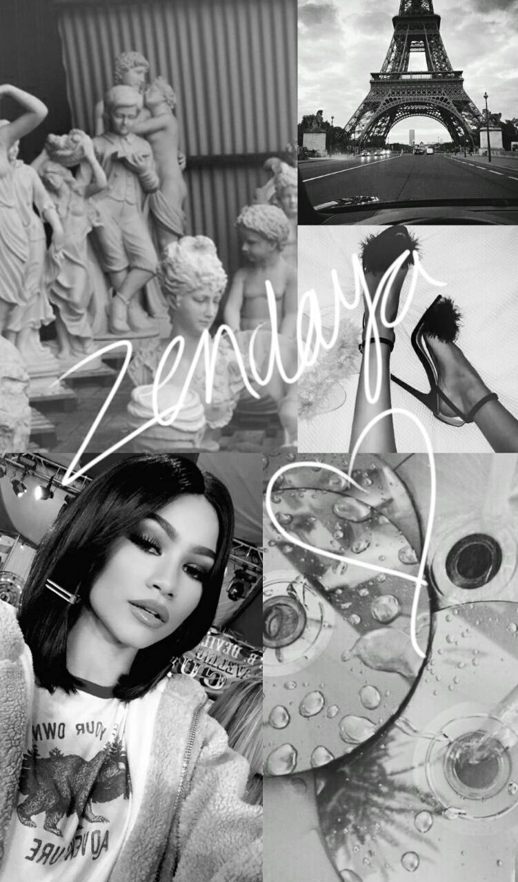 Zendaya 桌布 壁紙 — 黑白拼貼畫， featuring Zendaya、巴黎艾菲爾鐵塔、雕像、高跟鞋和玻璃上的水滴。