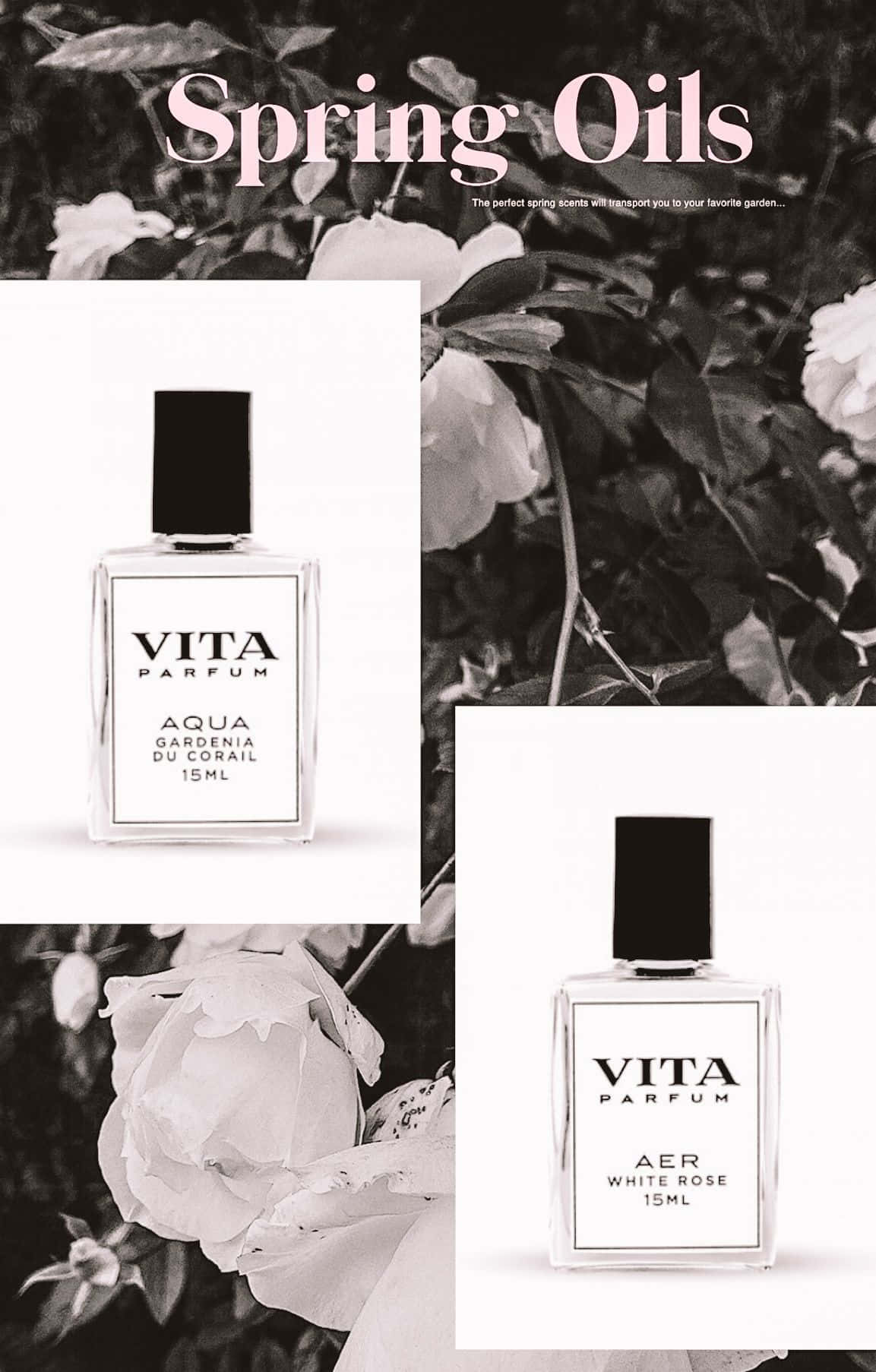 Spring Perfume 桌布 壁紙 — 黑白拼貼畫，兩個標有 Vita Parfum 的香水瓶，以花卉背景襯托，並帶有 Spring Oils 文字。