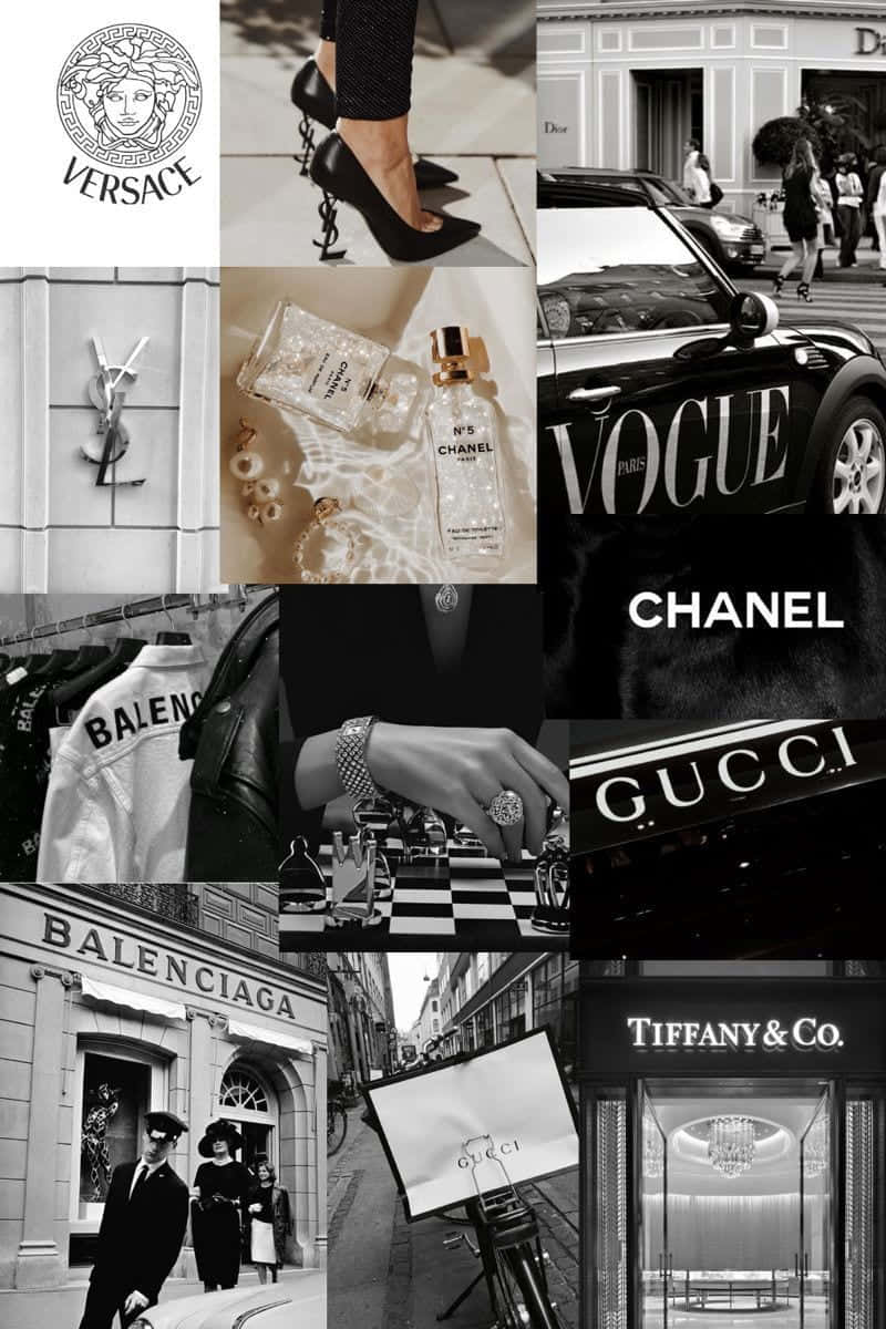 黑白 桌布 壁紙 — 黑白拼貼畫，包含 Versace、Chanel、Gucci、Balenciaga 和 Tiffany 等奢侈時尚品牌，以及高跟鞋、香水和店面。
