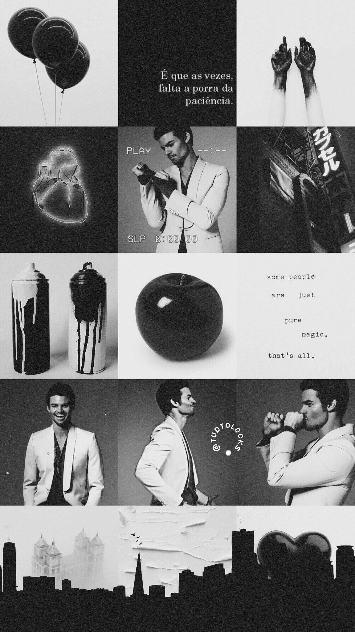Daniel Gillies 桌布 壁紙 — 黑白拼貼畫，包含一名身穿白色西裝的男子、氣球、塗鴉噴罐、心形和城市剪影，並帶有文字疊加。