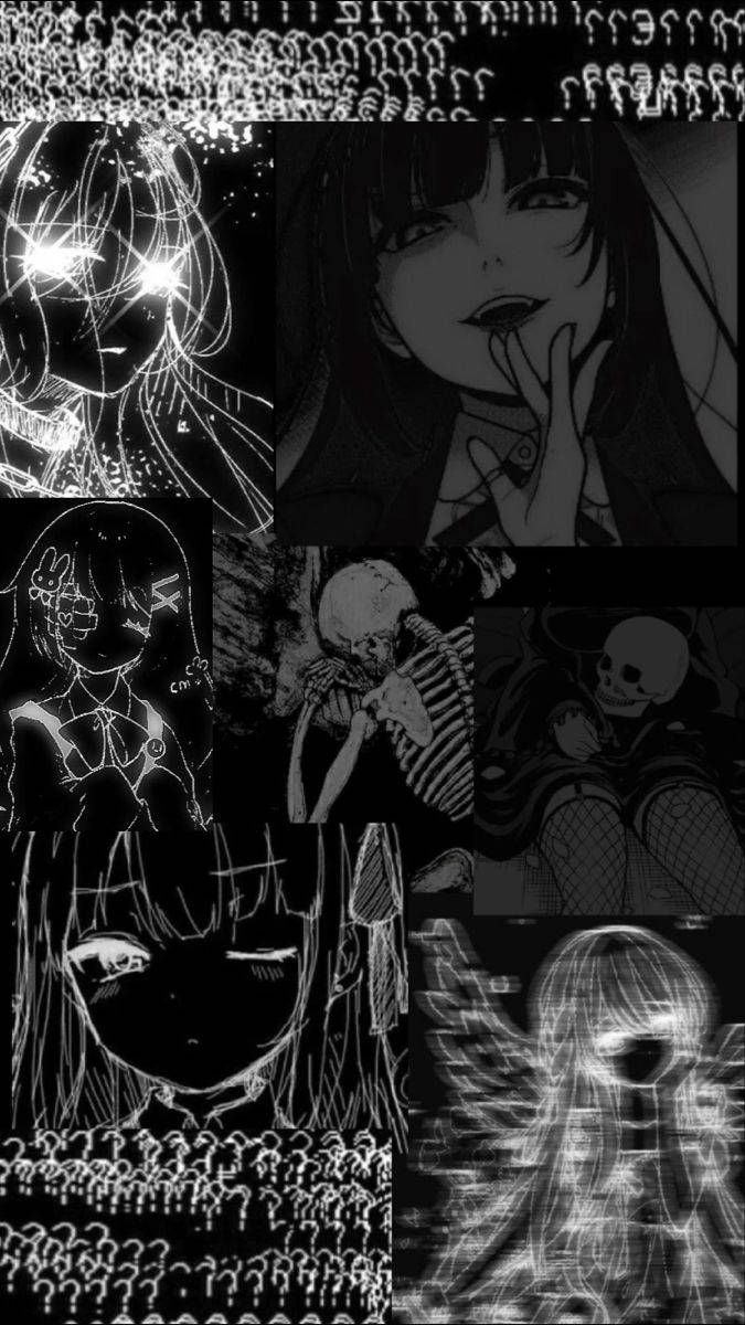 Kakegurui 桌布 壁紙 — 黑白拼貼畫，包含動漫風格角色和骷髏人物，帶有發光輪廓和故障效果。