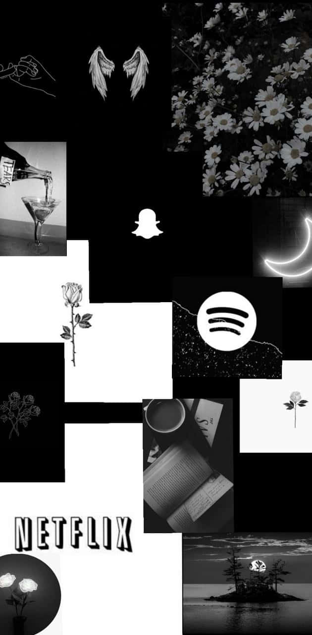 Black And White Collage 桌布 壁紙 — 黑白拼貼畫，包含極簡圖標、花朵、應用程式和寧靜的自然場景，以網格排列。