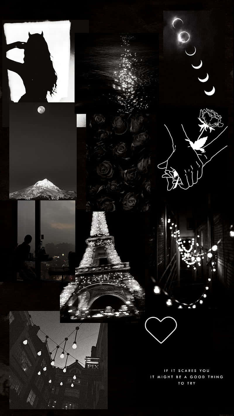 Aesthetic Black 桌布 壁紙 — 黑白拼貼畫，包含浪漫神秘意象，如艾菲爾鐵塔、月相、玫瑰和剪影。
