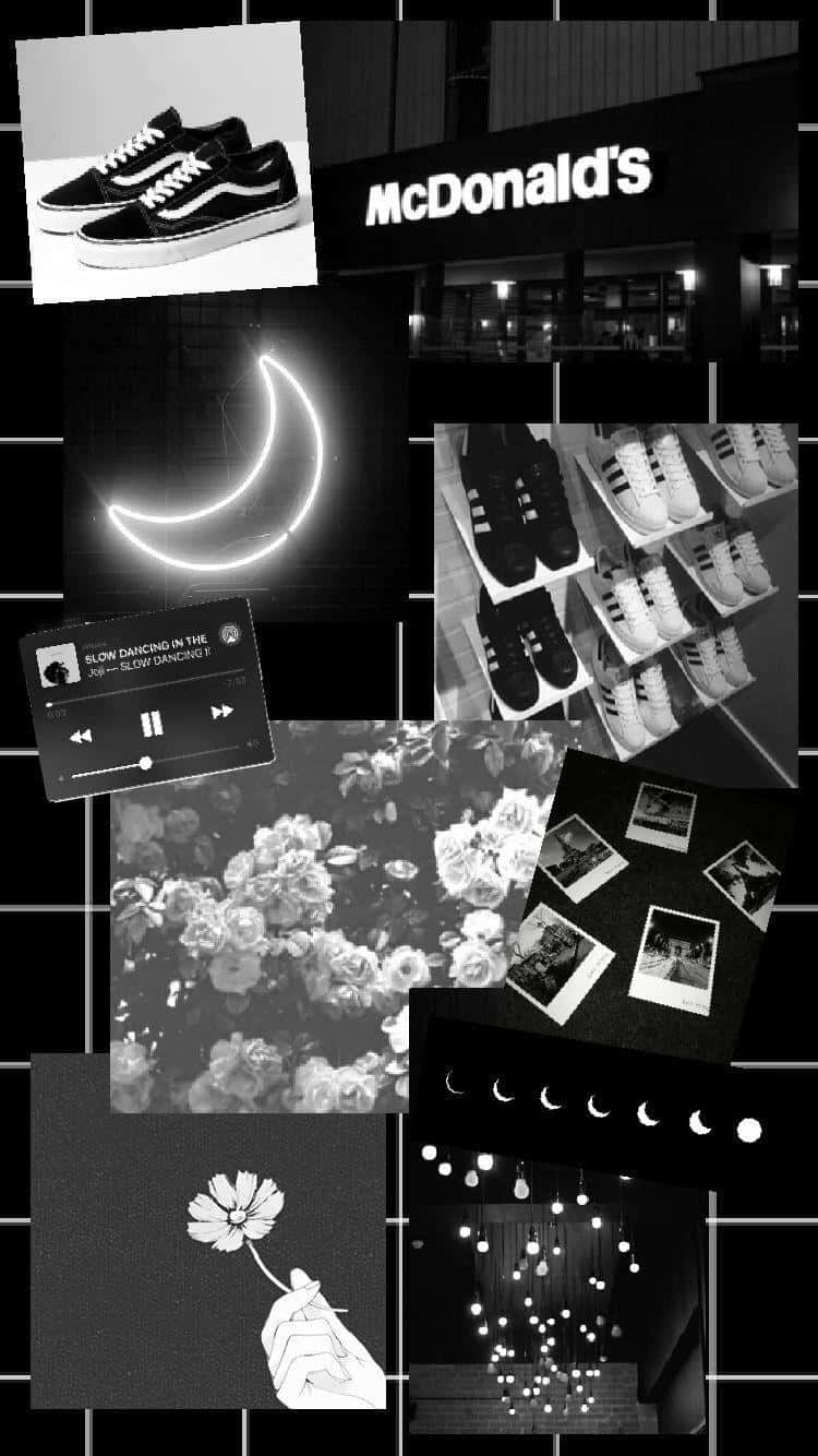 Black And White Collage 桌布 壁紙 — 黑白拼貼畫，包含運動鞋、霓虹月亮、花朵、音樂播放器和麥當勞標誌，以網格佈局呈現。