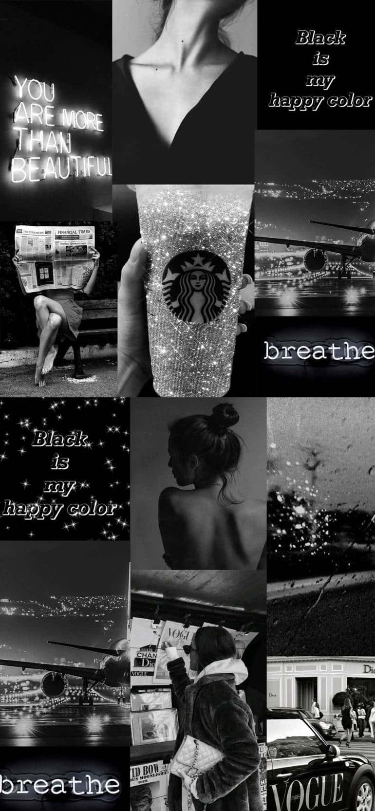 Winter Aesthetic Collage 桌布 壁紙 — 黑白拼貼畫，包含陰鬱的城市場景、閃閃發光的咖啡杯，以及 'breathe' 和 'Black is my happy color' 等文字疊加。