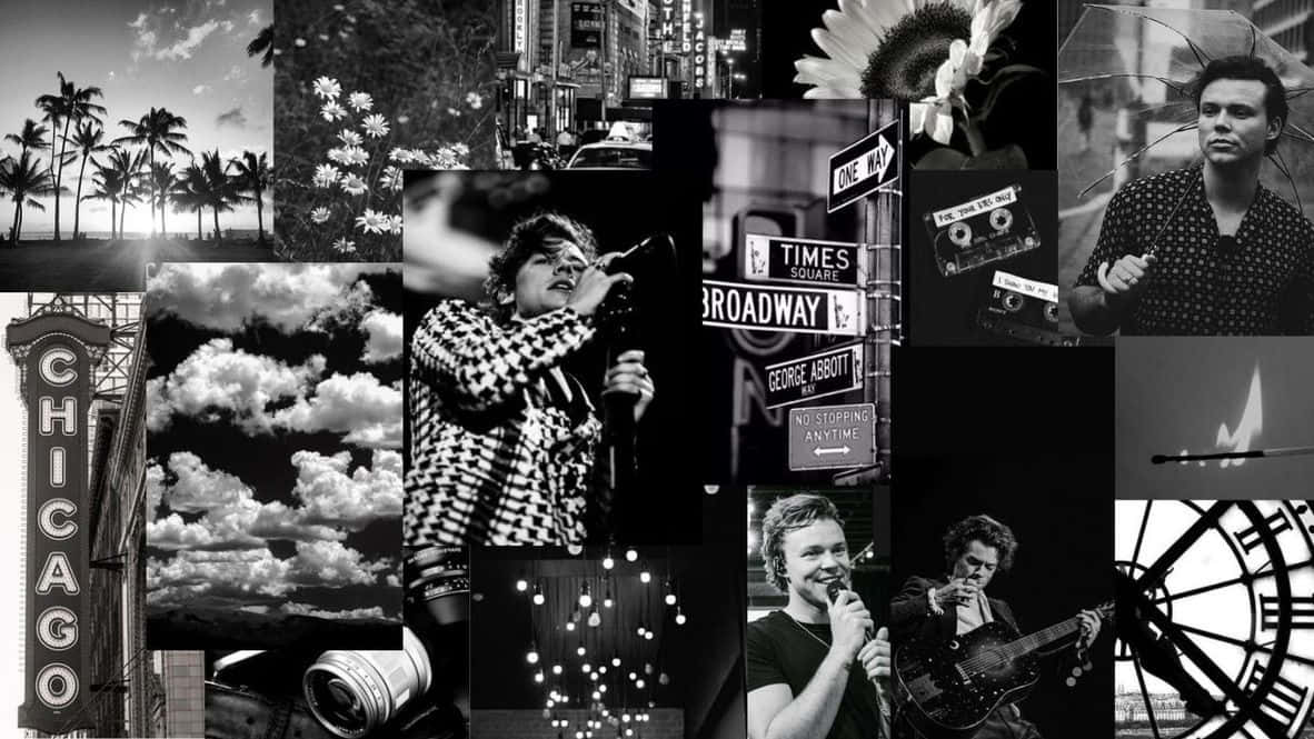 Harry Styles Collage 桌布 壁紙 — 黑白拼貼畫，呈現城市街景、棕櫚樹、復古標誌和以粗獷電影風格表演的音樂家。