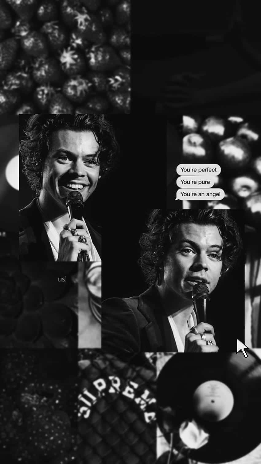 Harry Styles Collage 桌布 壁紙 — 黑白拼貼畫，哈利·史泰爾斯唱歌，附有文字氣泡、草莓和Supreme唱片的特寫。