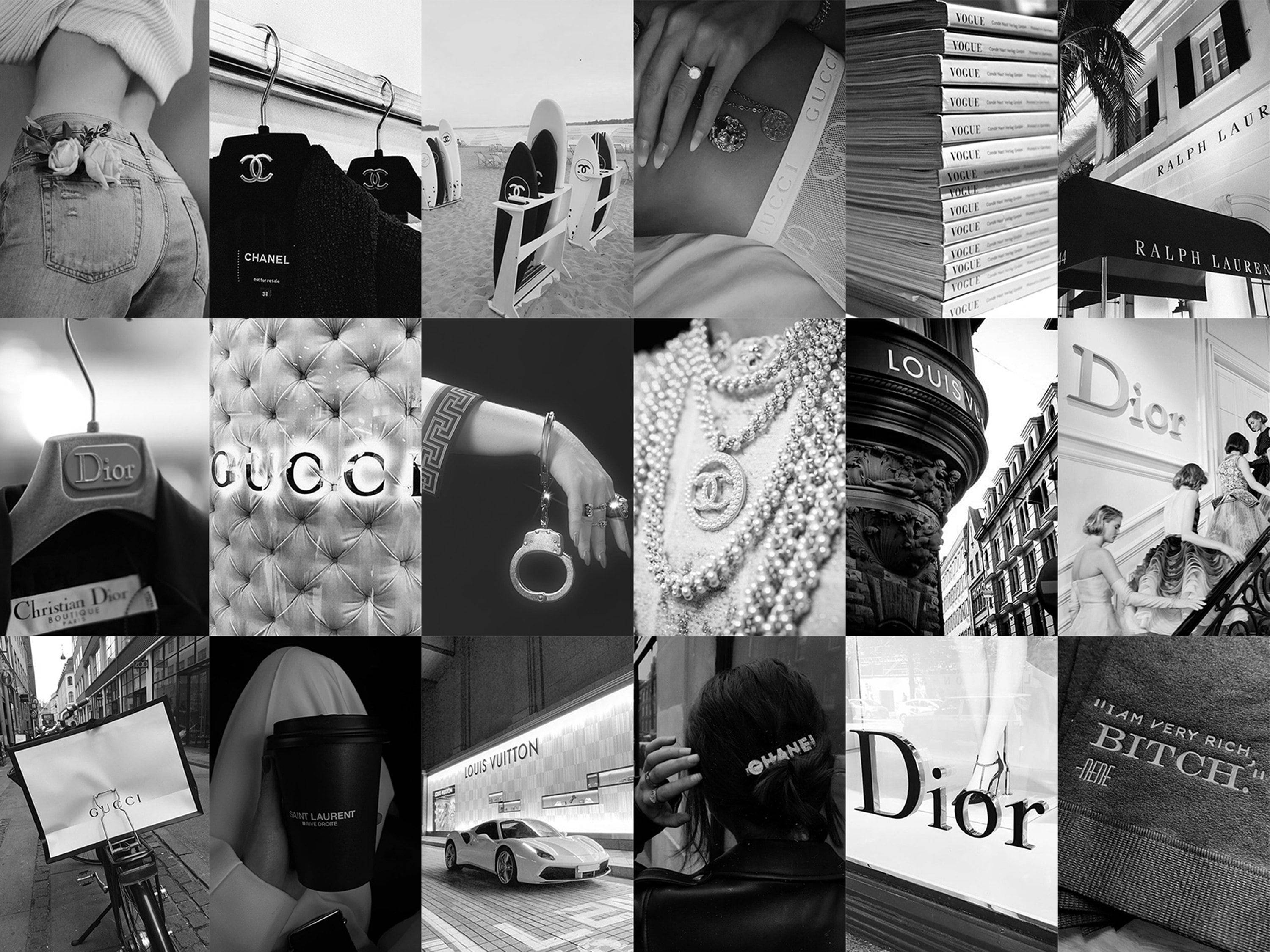 Chanel Aesthetic 桌布 壁紙 — 黑白拼貼畫，展現 Chanel、Dior、Gucci、Louis Vuitton 等品牌的奢華時尚與生活風格時刻。