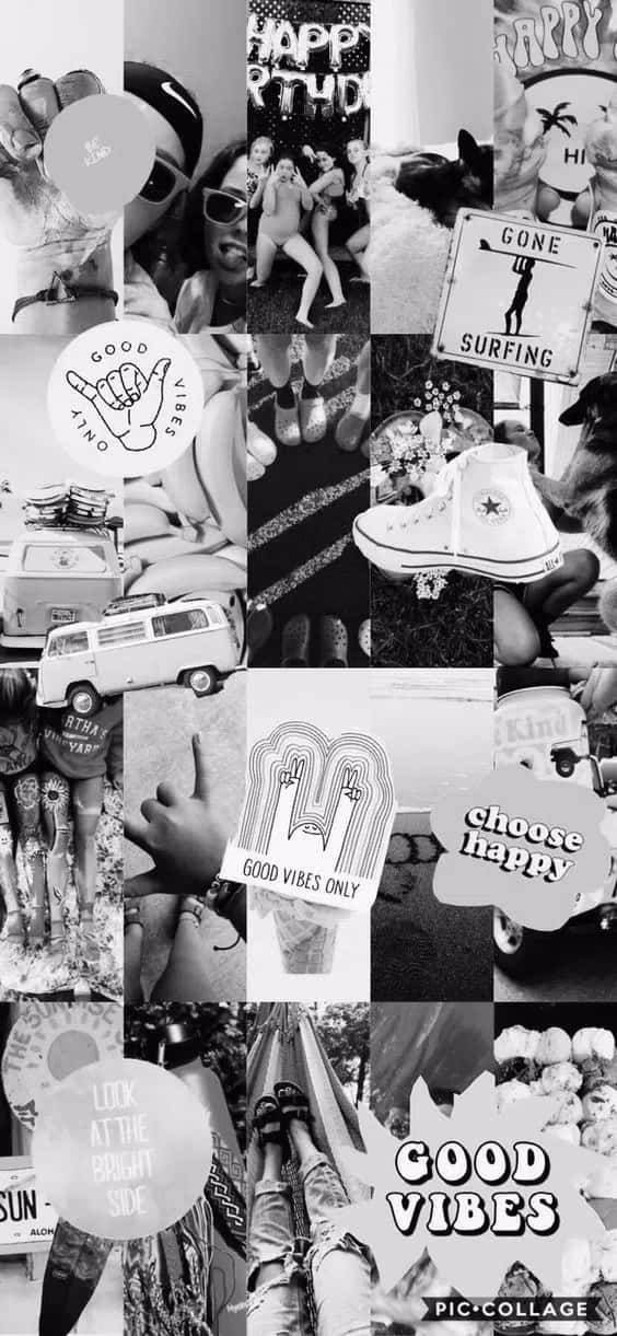 Black And White Collage 桌布 壁紙 — 黑白拼貼畫，展現歡樂時刻，包含衝浪板、Vans 和「good vibes only」標誌。