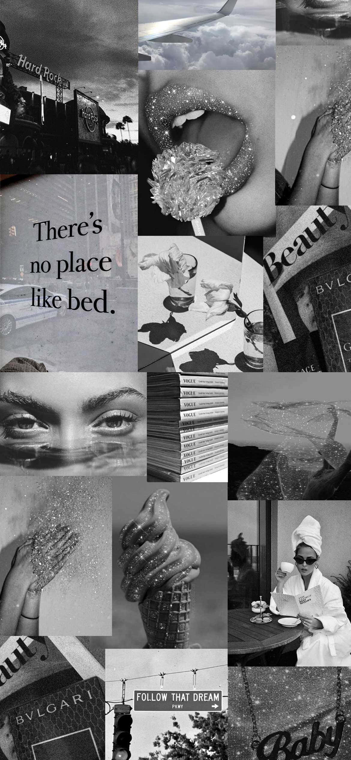 Black And White Collage 桌布 壁紙 — 黑白拼貼畫，展現華麗生活風格時刻，包括唇部閃粉、奢華品牌及夢幻文字疊加。
