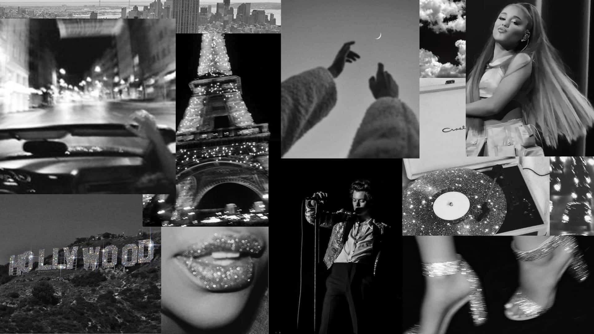 Black And White Aesthetic Pc 桌布 壁紙 — 黑白拼貼畫，展現迷人夜生活場景，包括好萊塢標誌、艾菲爾鐵塔、閃亮嘴唇和名人時刻。