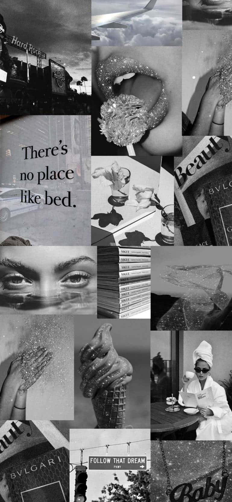 Aesthetic Black 桌布 壁紙 — 黑白拼貼畫，展現迷人夢幻時刻，包括閃亮嘴唇、奢侈品牌、冰淇淋和穿著睡袍的女性。
