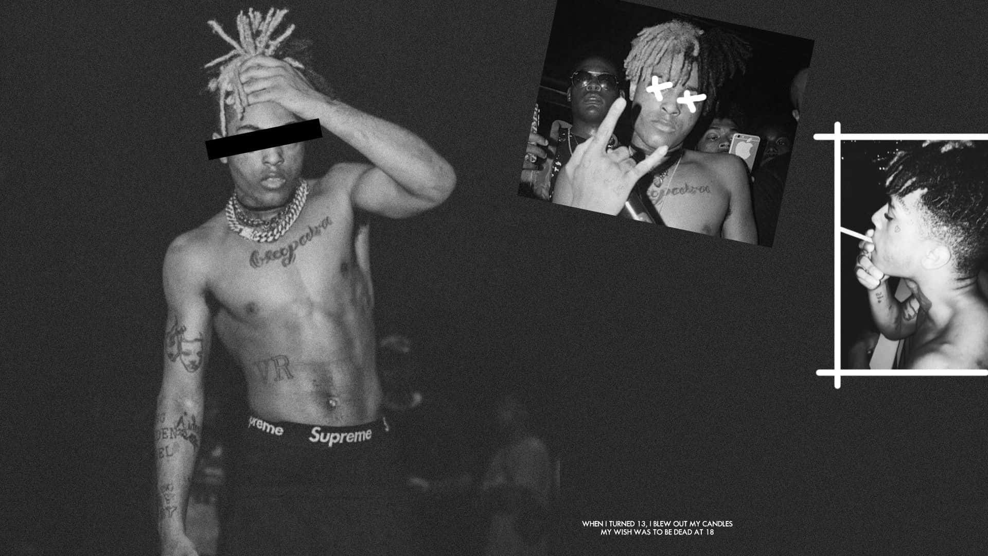 XXXTENTACION 桌布 壁紙 — 黑白拼貼畫，展示一位刺青男子多種姿勢，並疊加文字。