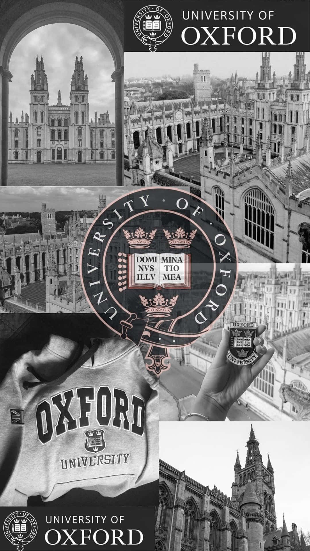 England 桌布 壁紙 — 黑白拼貼畫，展示牛津大學的標誌性建築、校徽和學生服飾，構成學術蒙太奇。
