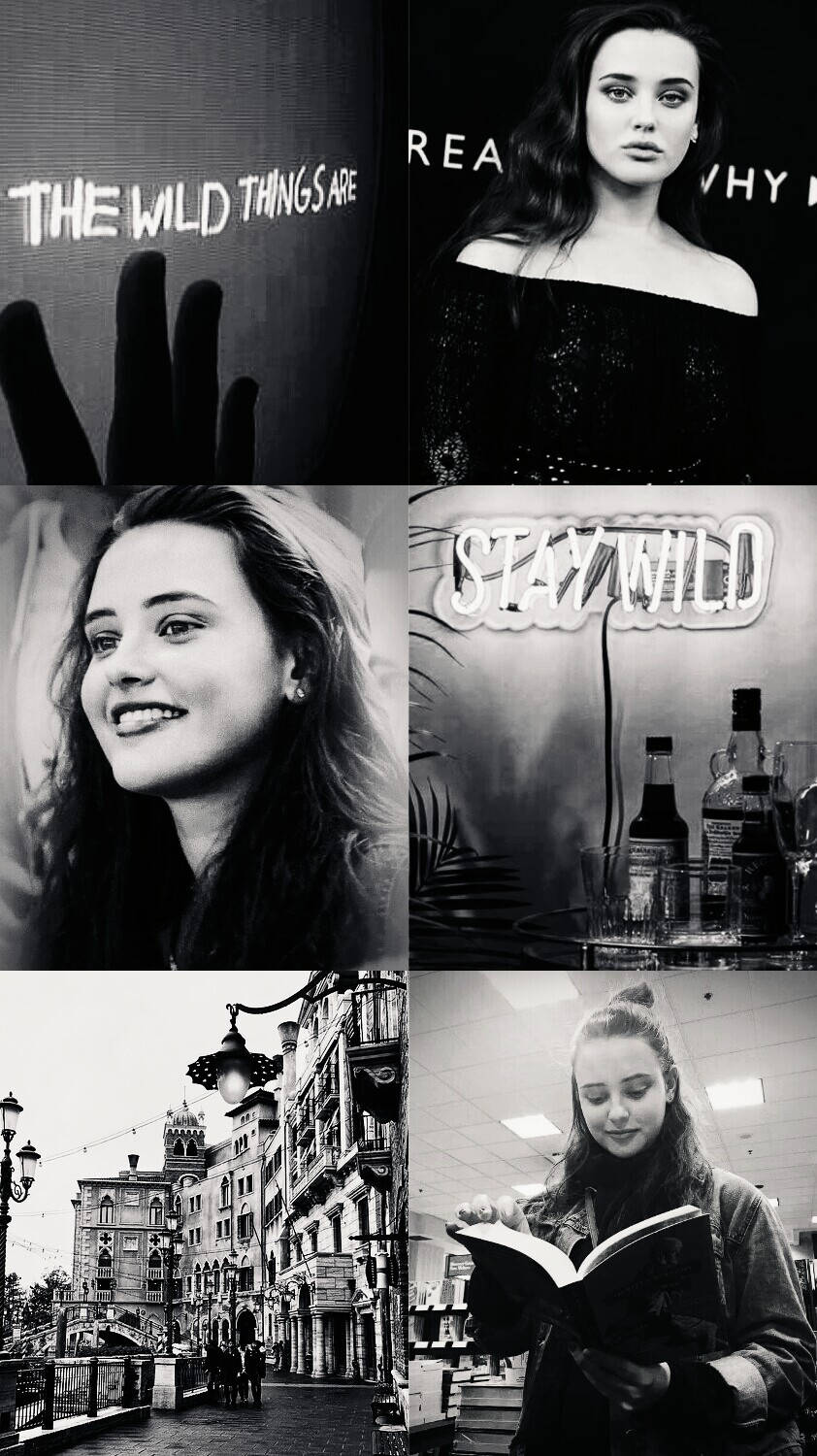 Katherine Langford 桌布 壁紙 — 黑白拼貼畫，描繪一位女性在多種情緒場景中，包含文字和城市環境。