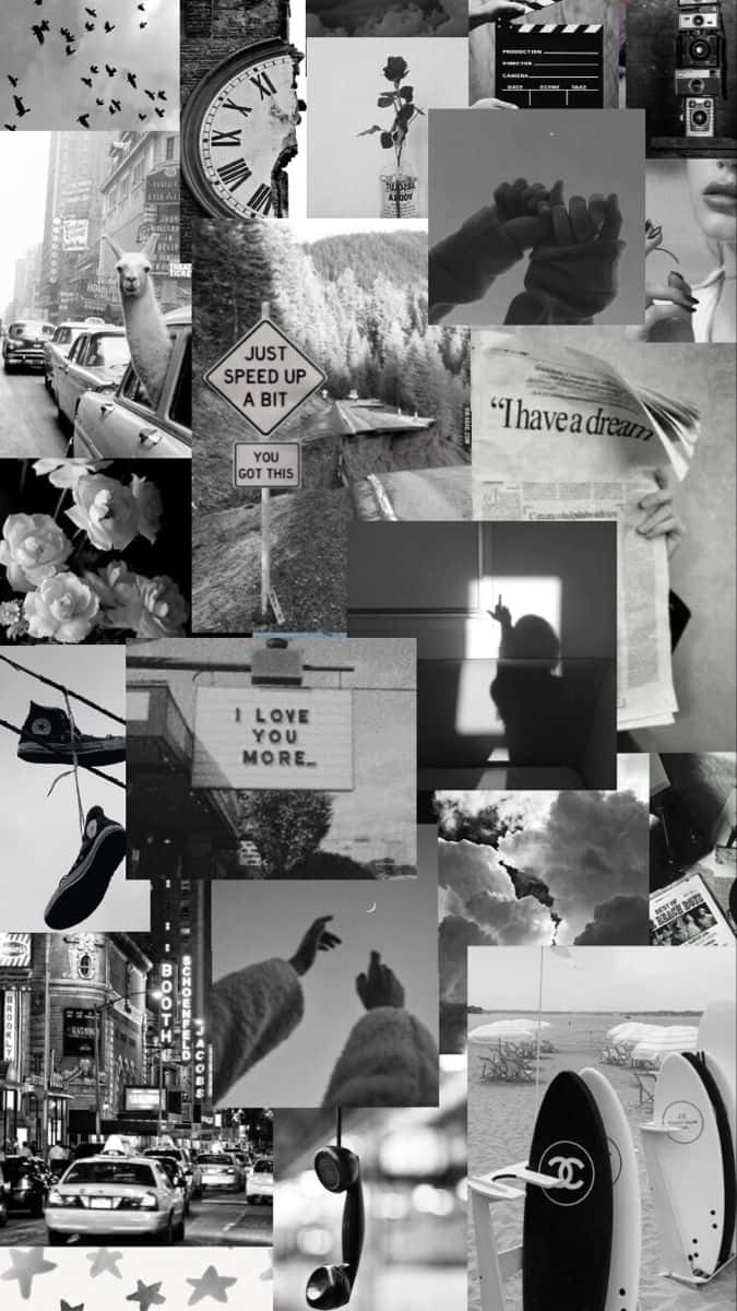 Black And White Collage 桌布 壁紙 — 黑白拼貼畫，融合城市街景、浪漫語錄、復古相機和超現實意象，營造懷舊夢幻的氛圍。