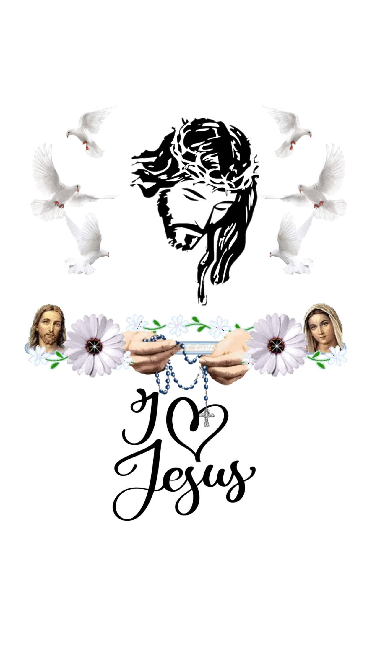 Jesus Quotes 桌布 壁紙 — 黑白插圖，耶穌戴荊棘冠冕，被白鴿和花卉元素環繞，雙手持有玫瑰經念珠，並有 'I heart Jesus' 字樣。