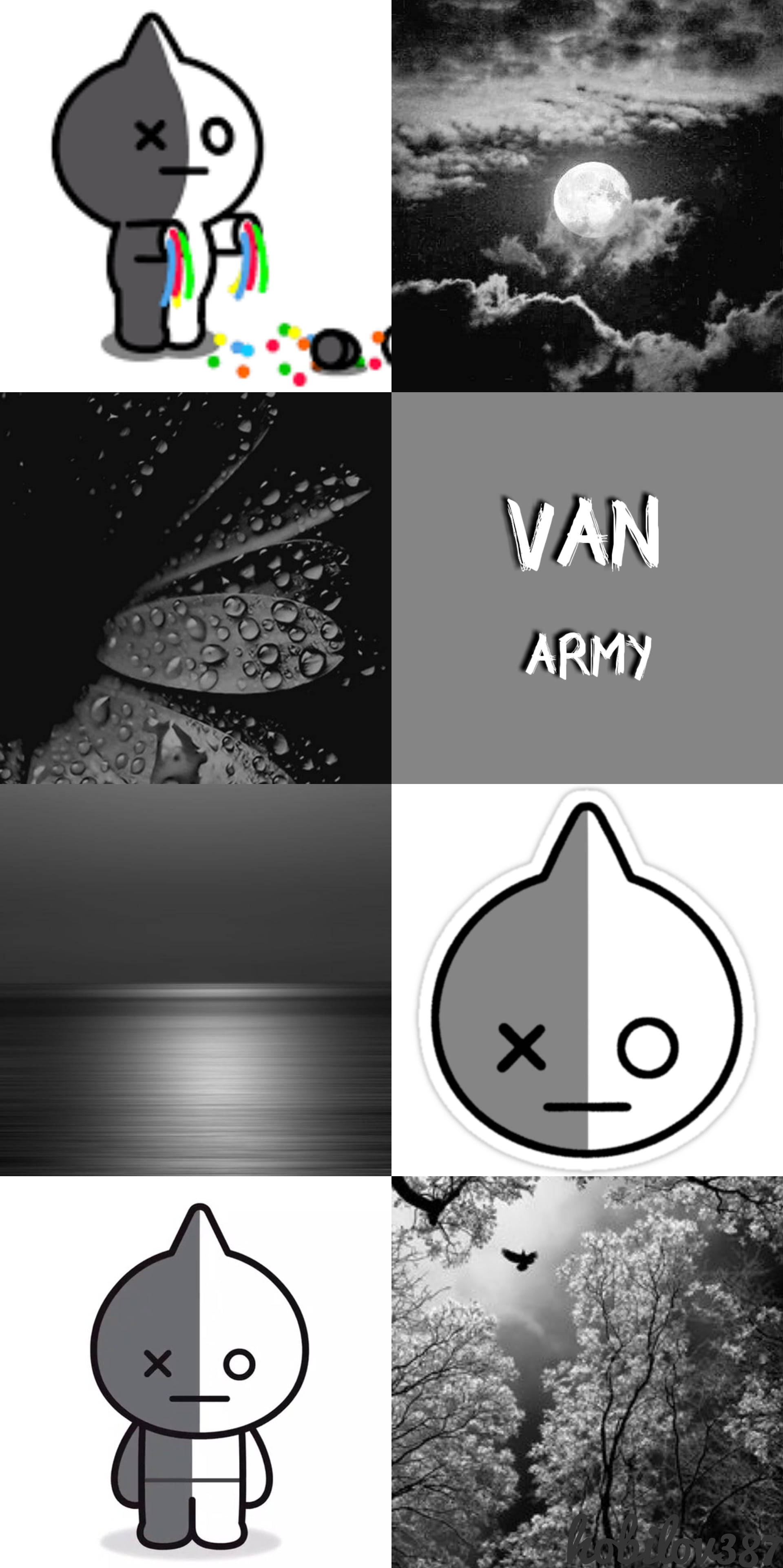 van bt21 桌布 壁紙 — 黑白插圖和照片的拼貼畫， featuring 一個分裂面孔的角色、月光下的天空、帶露水的葉子、海洋地平線和開花的樹木。