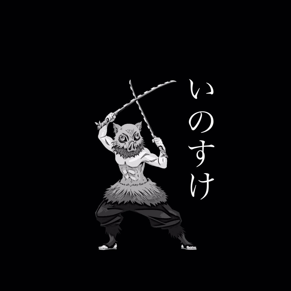 鬼滅之刃 桌布 壁紙 — 黑白插圖風格的豬臉惡魔戰士，以動態戰鬥姿勢揮舞兩把劍，背景為純黑色。