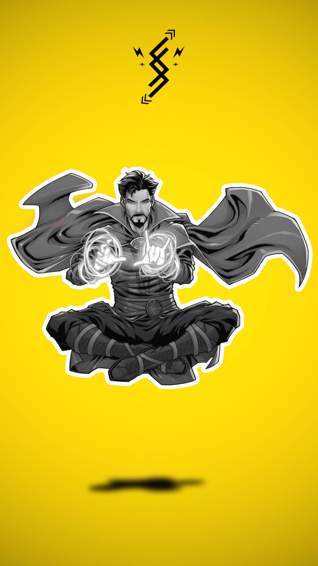 奇異博士 桌布 壁紙 — 黑白插畫風格的奇異博士盤腿漂浮在鮮黃色背景上冥想，雙手發光，上方有神秘符號。