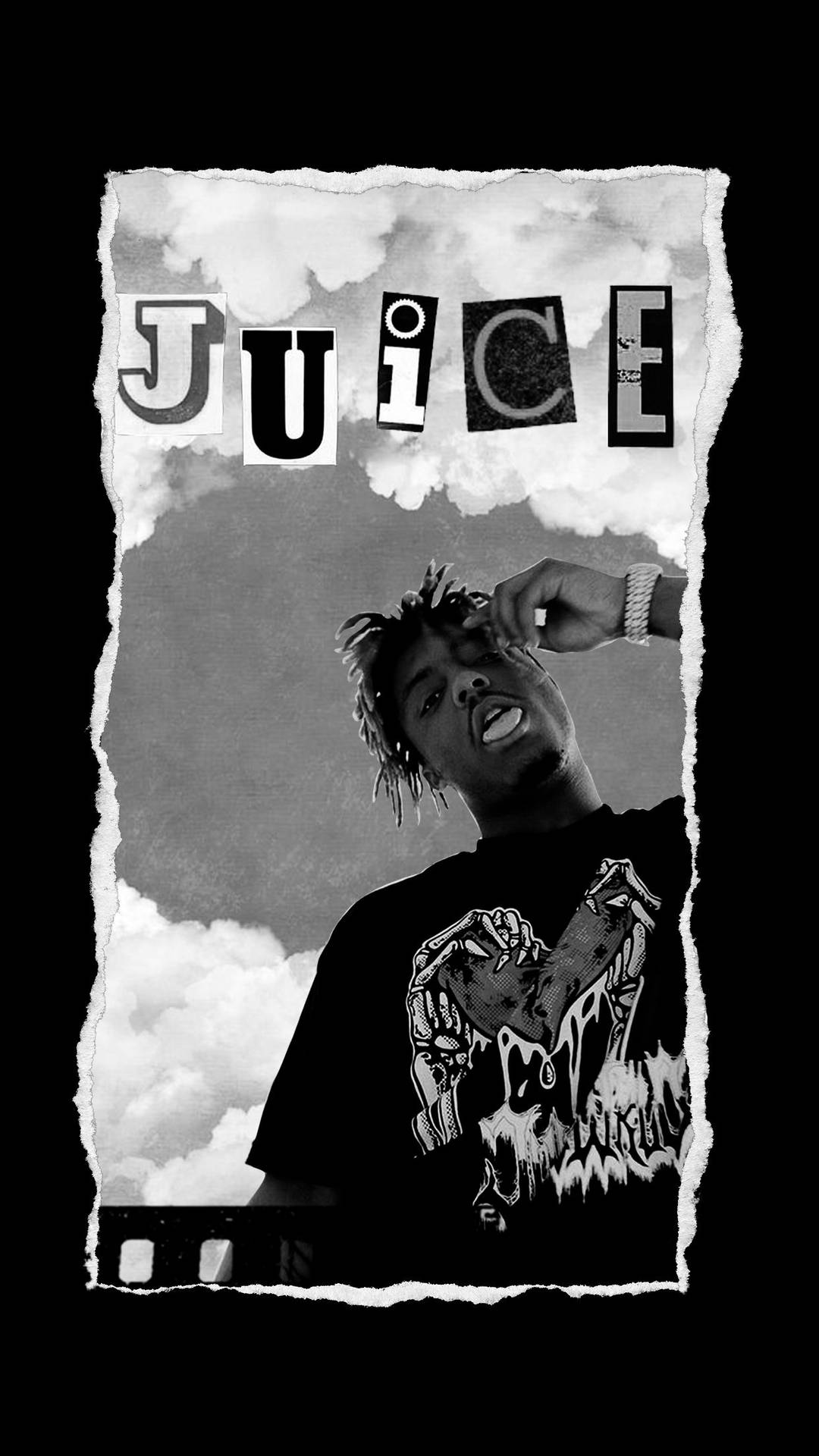 一名留著辮子頭的男子在陰天背景下調整眼睛，並以粗體字寫著「JUICE」。 — Juice Wrld 壁紙
