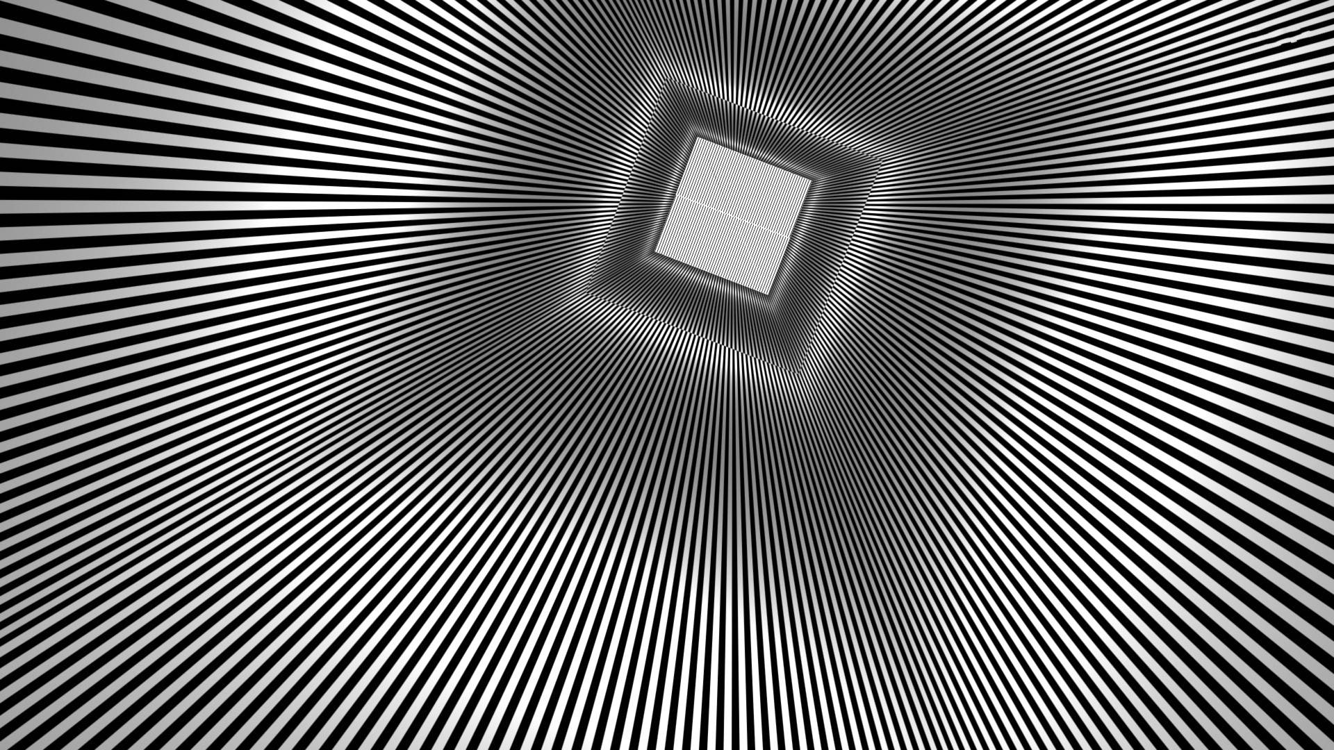 Illusion 桌布 壁紙 — 黑白放射線條向中央正方形匯聚，營造出催眠般的隧道錯覺。