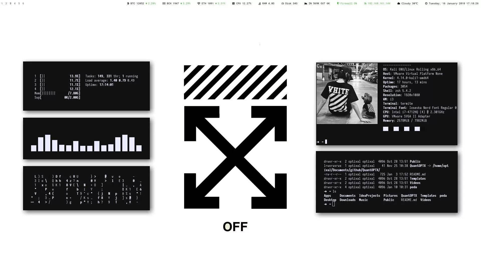 Off White Logo 桌布 壁紙 — 黑白數位桌布，包含終端機視窗、粗體OffWhite標誌，以及一位穿著品牌襯衫的人物。