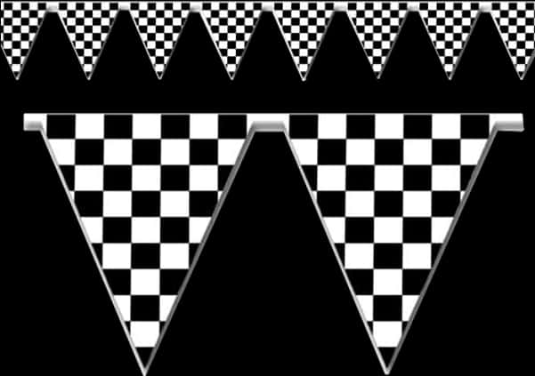 Flag Banner 桌布 壁紙 — 黑白方格賽車旗幟以醒目的三角形橫幅懸掛在純黑色背景上。