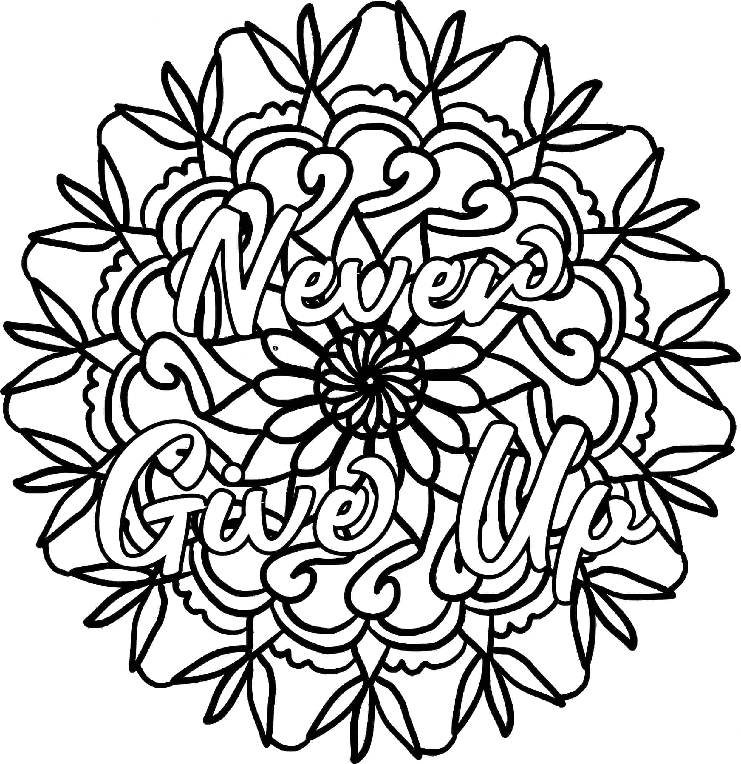 Flower Coloring 桌布 壁紙 — 黑白曼陀羅著色頁，帶有漩渦花卉圖案和風格化字體的「Never Give Up」字句。