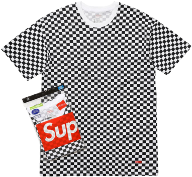 supreme 桌布 壁紙 — 黑白格紋T恤，上面披著紅色Supreme標誌手提袋，白色背景。