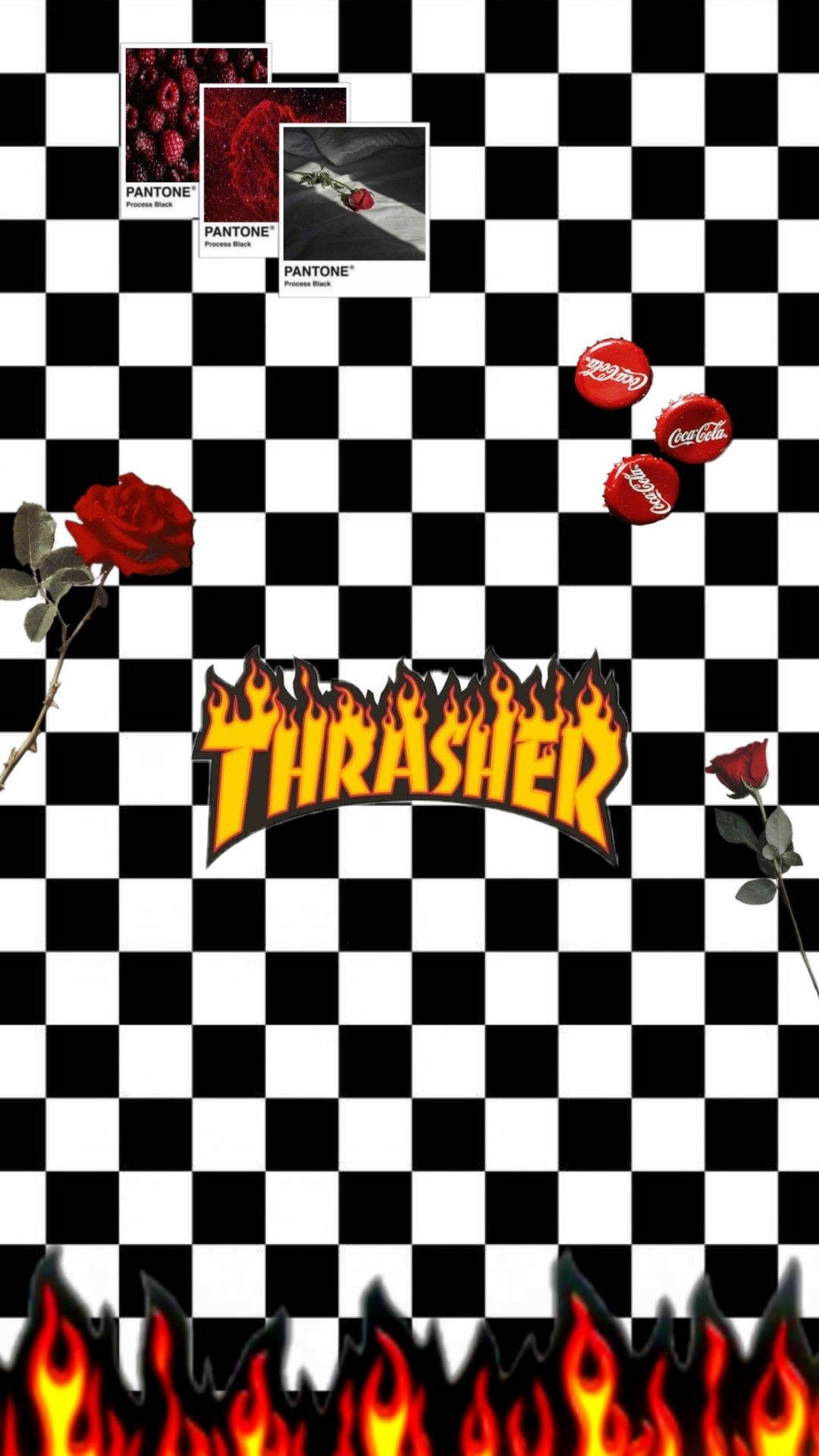 Thrasher 桌布 壁紙 — 黑白格紋背景，帶有火焰Thrasher標誌、紅玫瑰和可口可樂瓶蓋。
