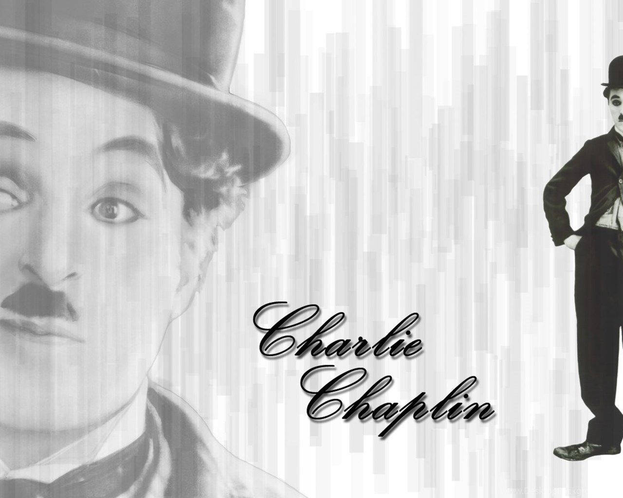 Chaplin 桌布 壁紙 — 黑白桌布，上面有查理·卓別林的標誌性面孔和全身像，背景為條紋，他的名字以手寫體呈現。