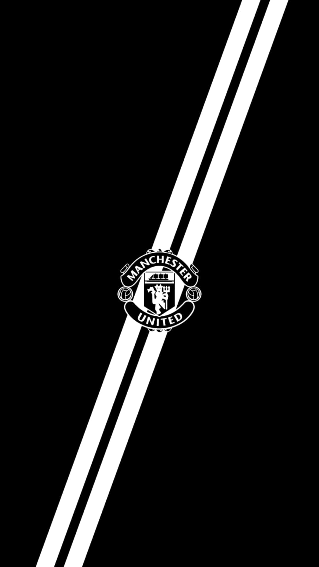 Manchester United iPhone 桌布 壁紙 — 黑白桌布，曼聯隊徽居中置於兩條斜紋之間。