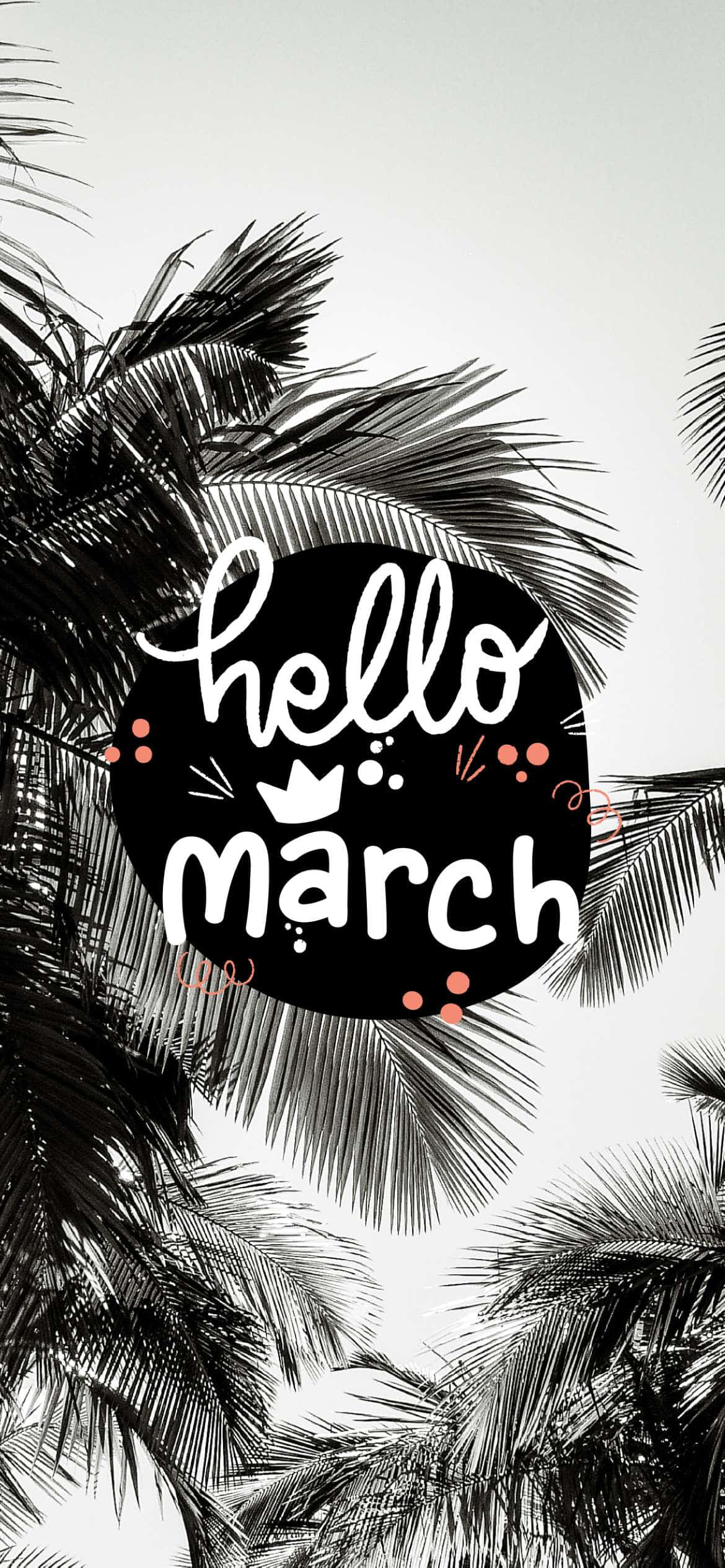 Hello March 桌布 壁紙 — 黑白棕櫚葉框住一個大膽的黑色圓圈，上面有白色草書文字寫著 hello march，並以粉紅色小點點綴。