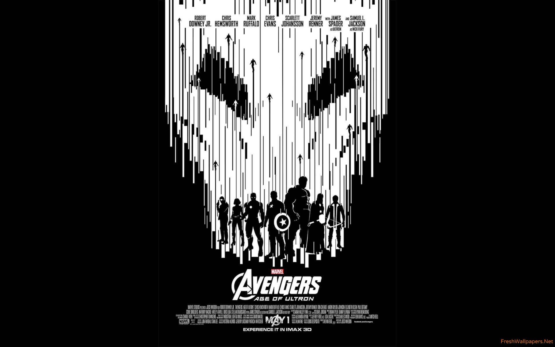 Marvel Black And White 桌布 壁紙 — 黑白極簡海報，復仇者聯盟剪影站在滴落的奧創標誌下方，上方有演員名字。